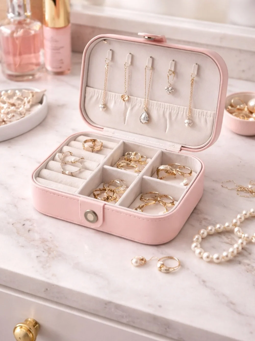Soft Pink Travel Jewelry Box Organizer Case | Compact Storage Holder